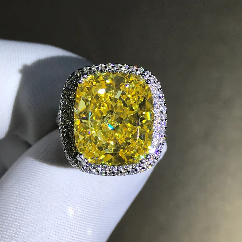 8 Carat Cushion Cut Vivid Yellow 10K Gold Halo Moissanite Engagement Ring