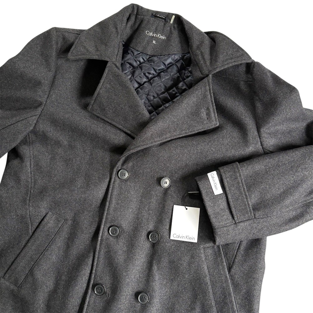 New Calvin Klein mens size XL gray double breasted wool blend quilted pea coat