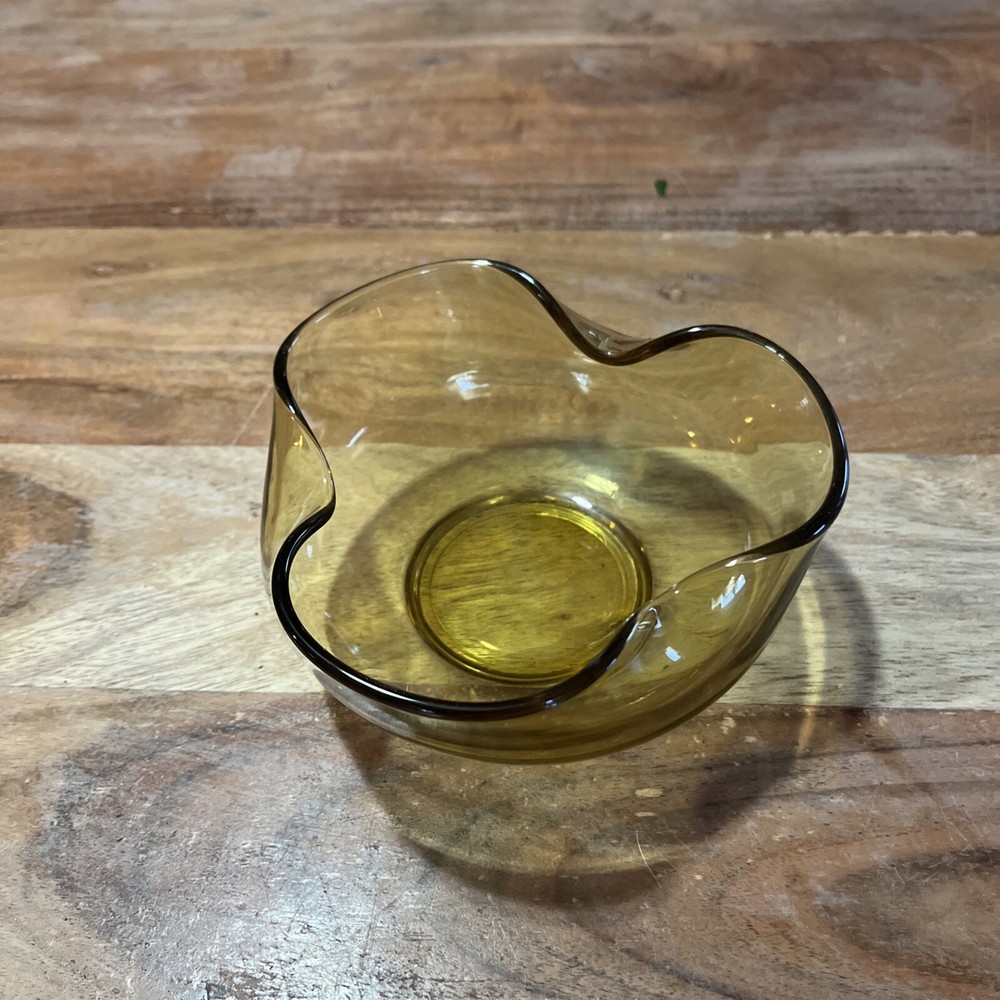 Vintage ANCHOR HOCKING Amber Wavy Glass Ruffled Edge Small Dip Serving Bowl MCM