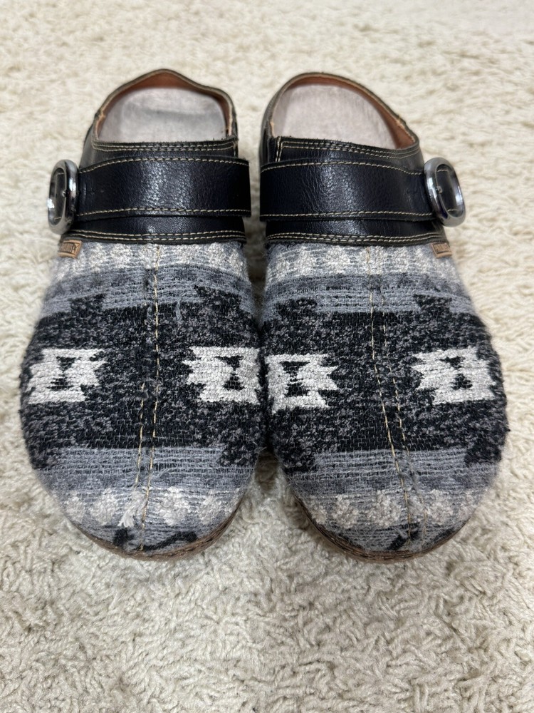 Pikolinos Black Leather Gray Textile Aztec Boho Granada Clogs Euro 41 US 10-10.5