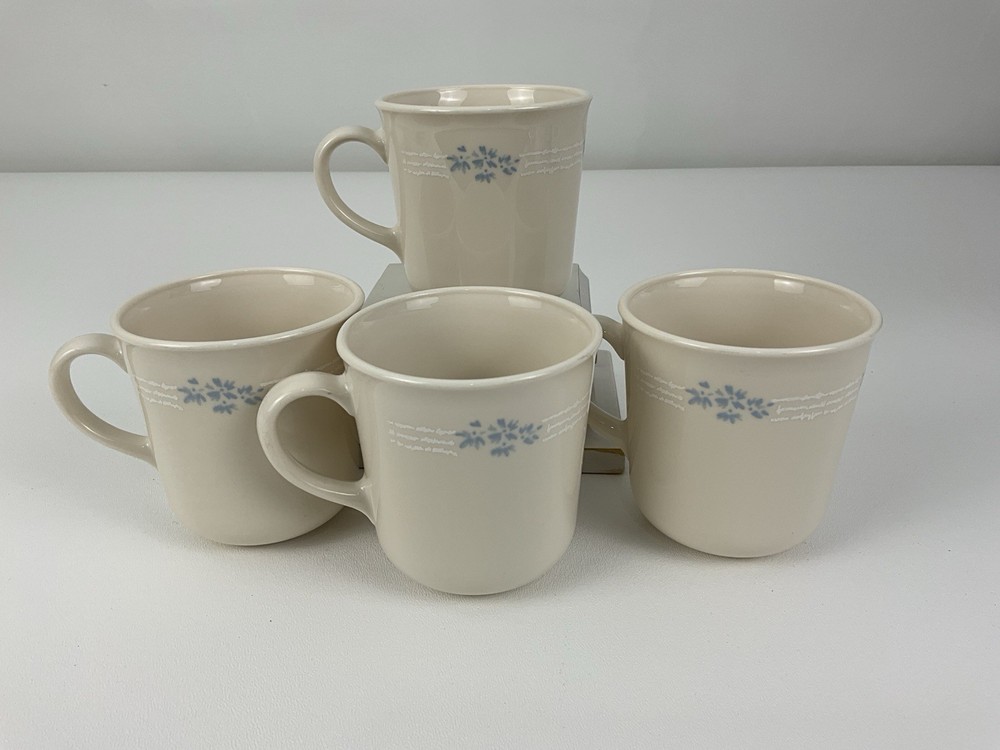 Vintage Corning Corelle Lace Bouquet Coffee Cups Mugs Ivory Blue 3.5” Set of 4