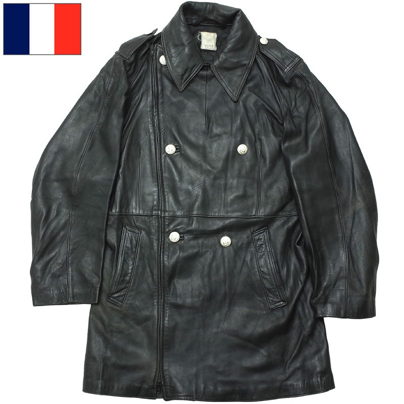 Vintage French Military Motorcycle Jacket Black Leather with Metal Buttons and Zipper
