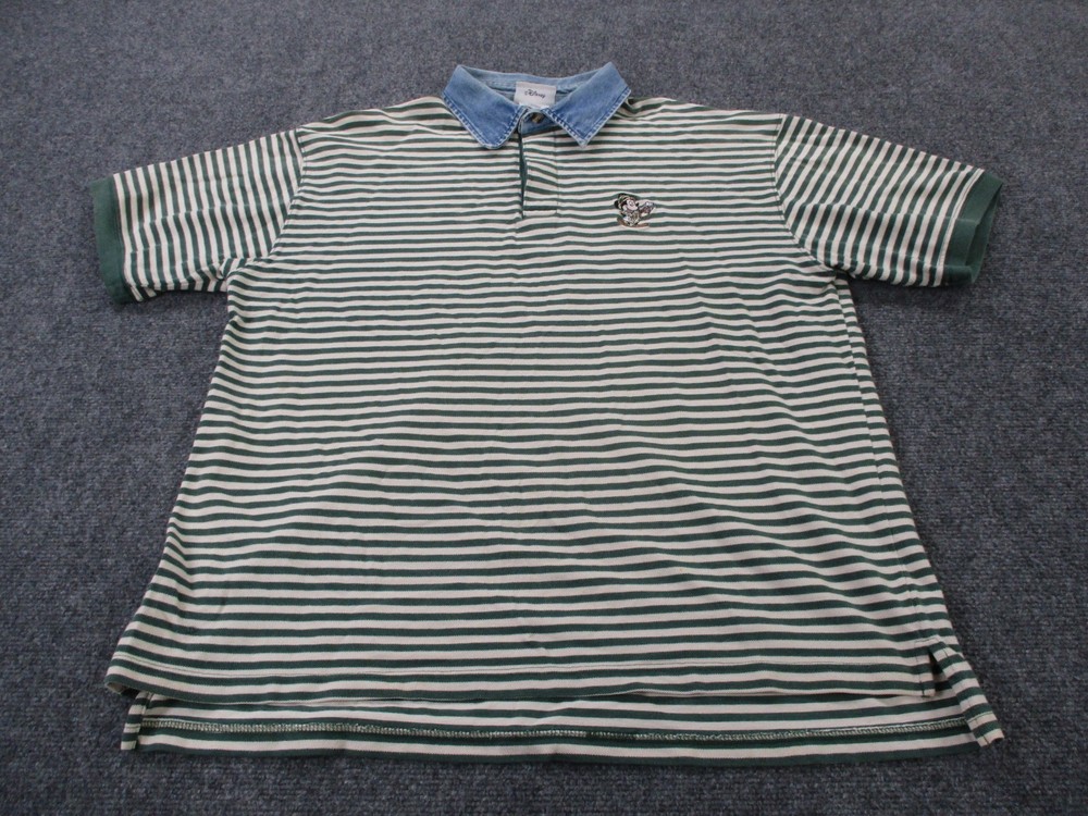 Vintage Disney Shirt Men L Green Striped Polo Mickey Mouse Logo Denim Collar 90s