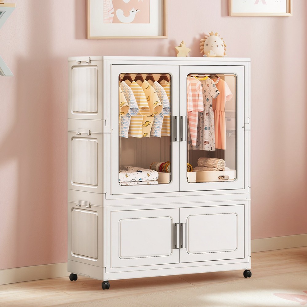 Portable Kids Wardrobe Organizer with Hanging Rod and Storage Cabinet