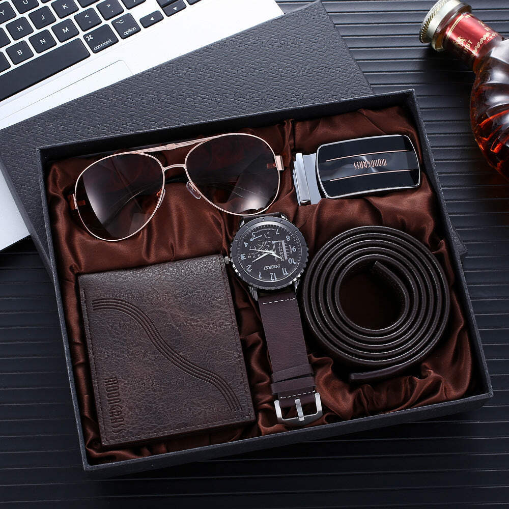 Elegant Quartz Watch Set with Belt, Wallet, and Sunglasses in Brown