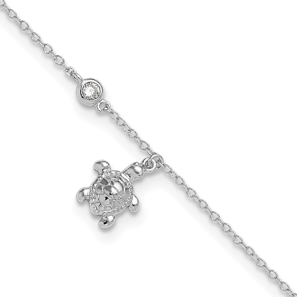 Sterling Silver Rhodium-plated Cubic Zirconia Turtle Anklet 9
