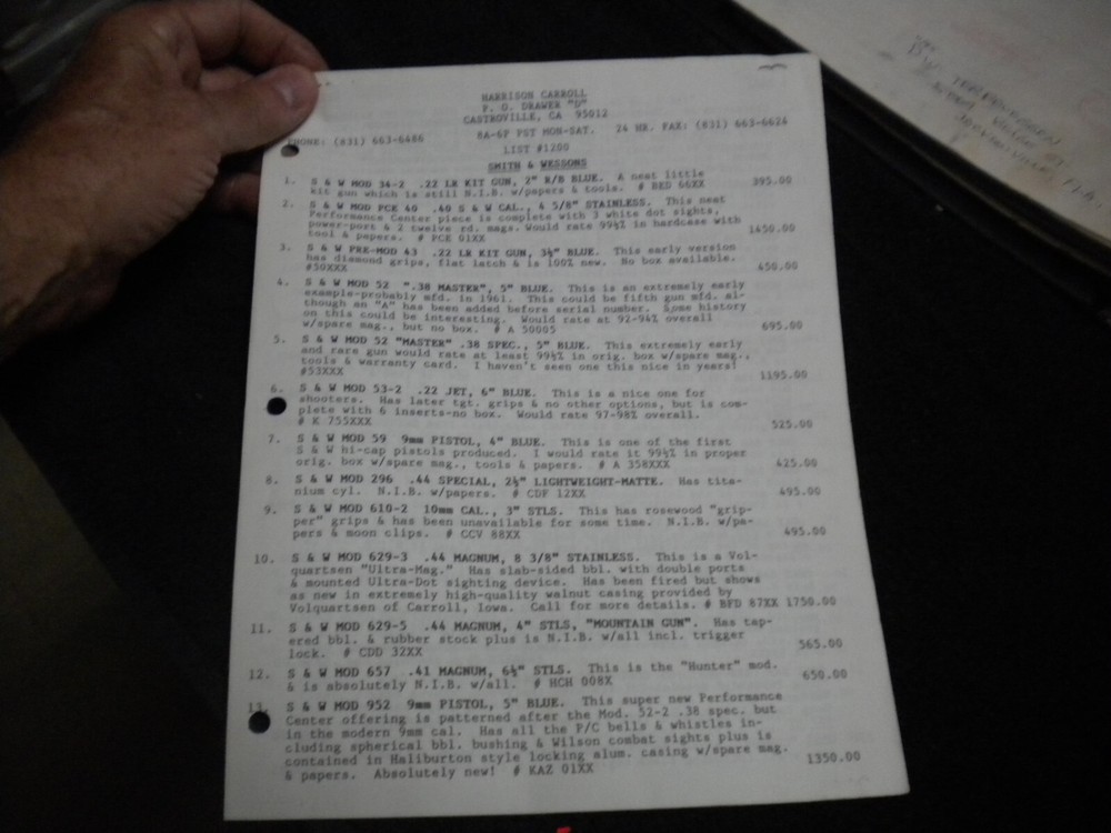 Harrison Carroll List 1200 ,nov , 2000   Colt SAAs, euro pistols , S&W,