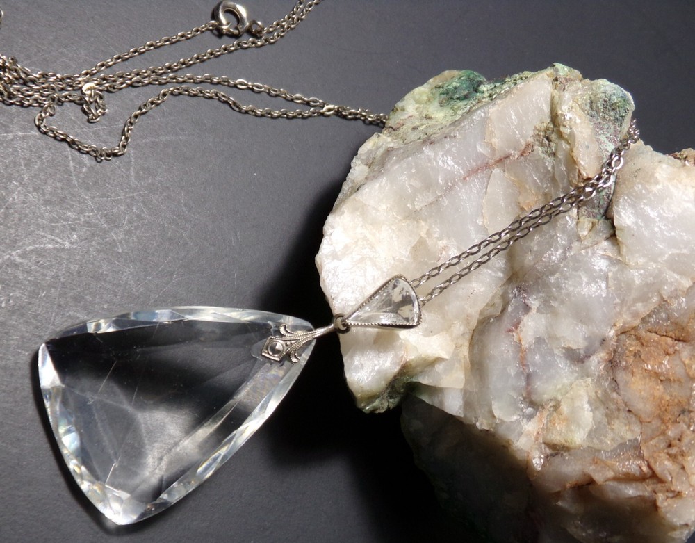 Double Drop Necklace with Large 1 1/4 Inch Triangular Crystal and Fleur-De-Lis Bale-image