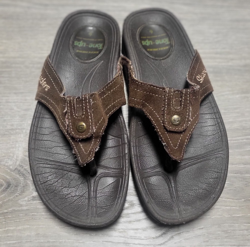 Skechers Tone Ups Moonrock Flip Flop 6 Brown Suede Leather Exercise Sandals