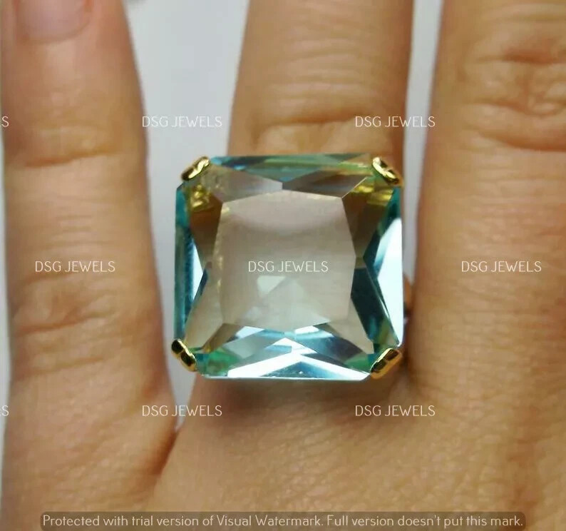 3CT Cushion Lab-Created Blue Aquamarine Men Vintage Ring 14k Yellow Gold Plated