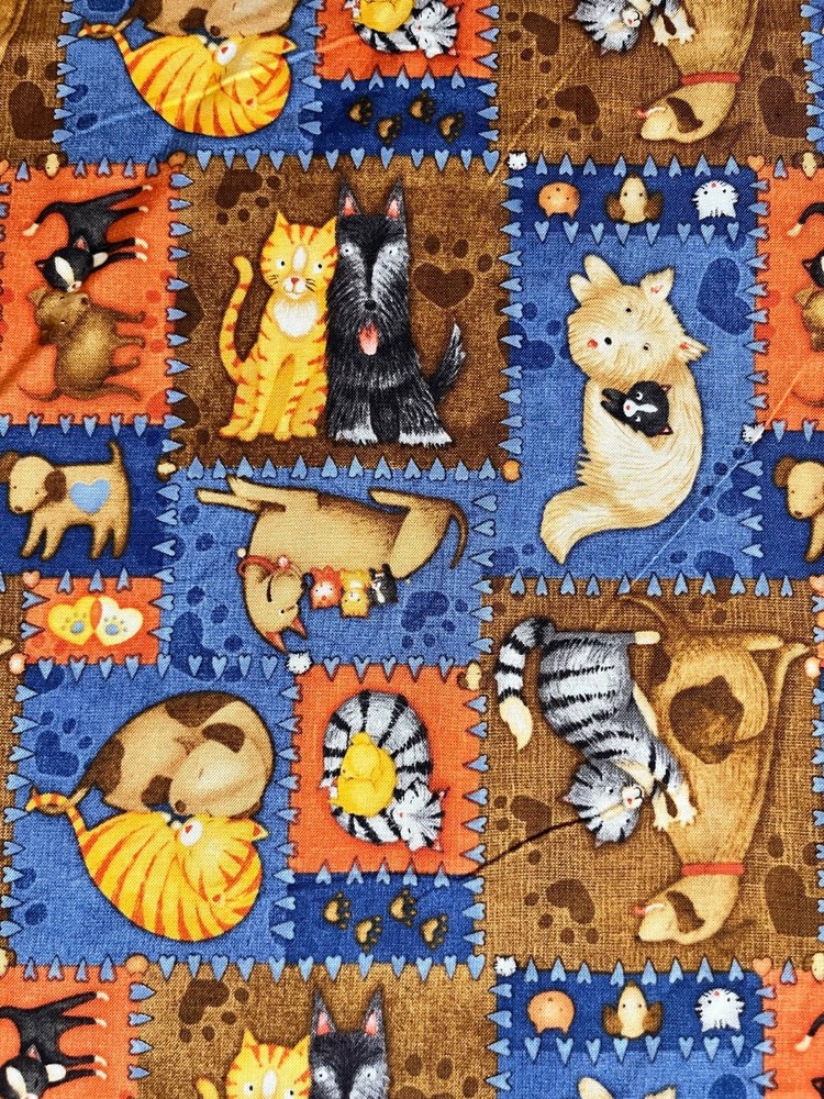 Vintage Debbie Mumm Friendly Felines Cats and Dogs Cotton Fabric BTY