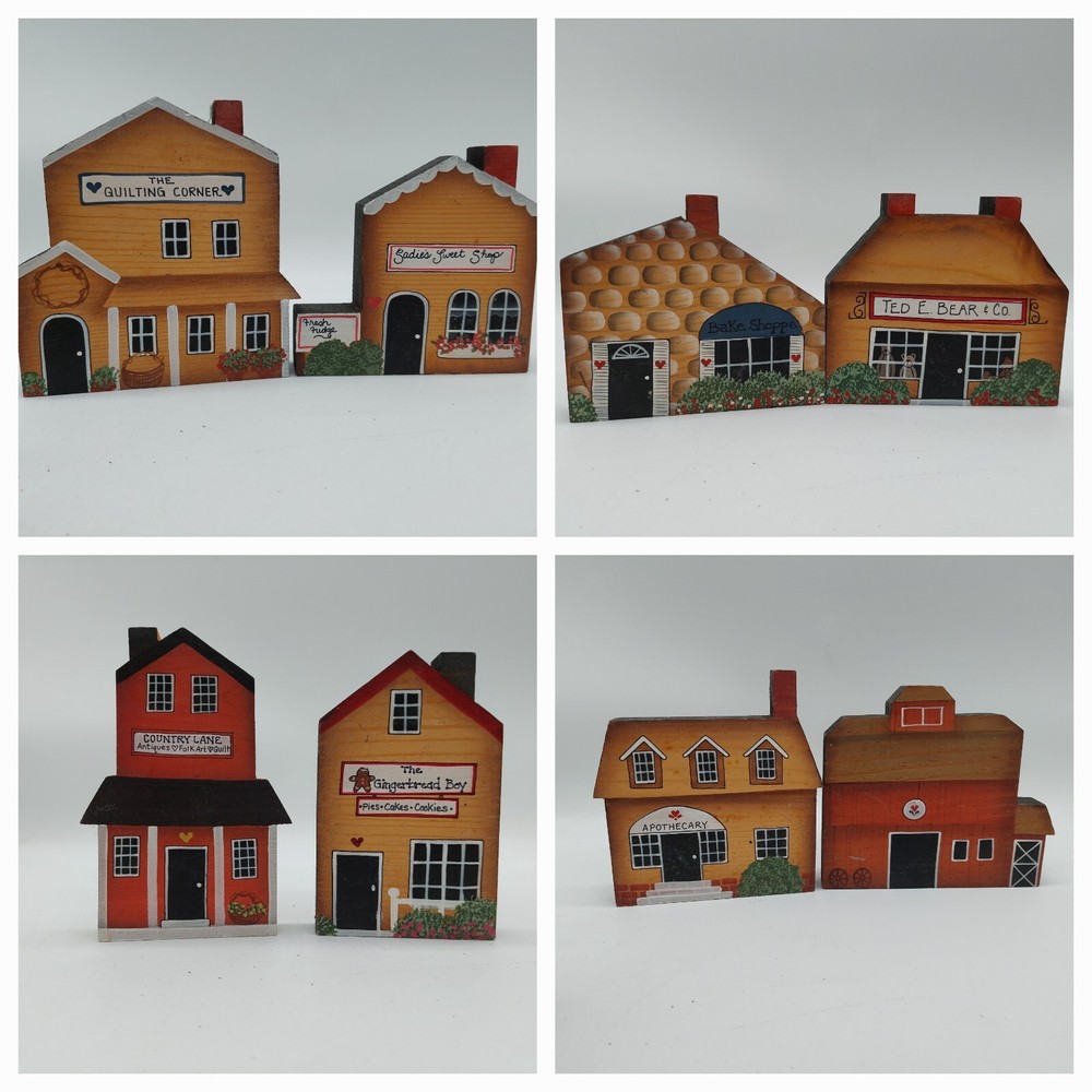 Hand Painted Wood House Barn Store Shelf Sitters Decor Lot Of 8