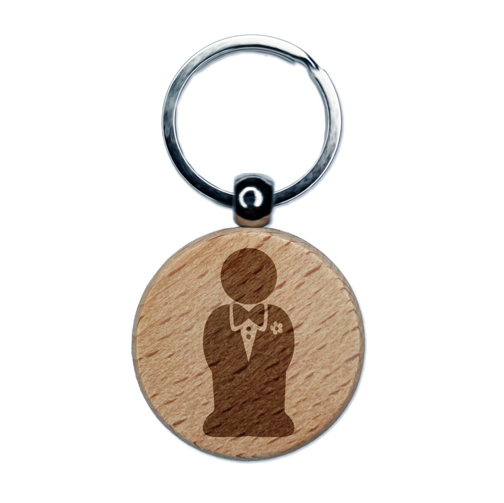 Groom Symbol Wedding Engraved Wood Round Keychain Tag Charm