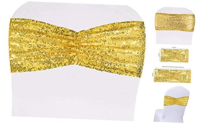 Pack of 20 Gold Sequin Chair Sashes for Wedding Banquet Decor