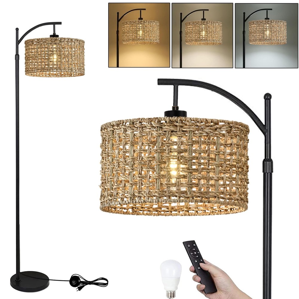 Farmhouse Boho Arc Floor Lamp with Remote Control for Living Room