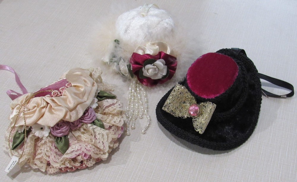 Victorian Doll Millinery Hats Velvet Lace Christmas Ornaments Set of 3