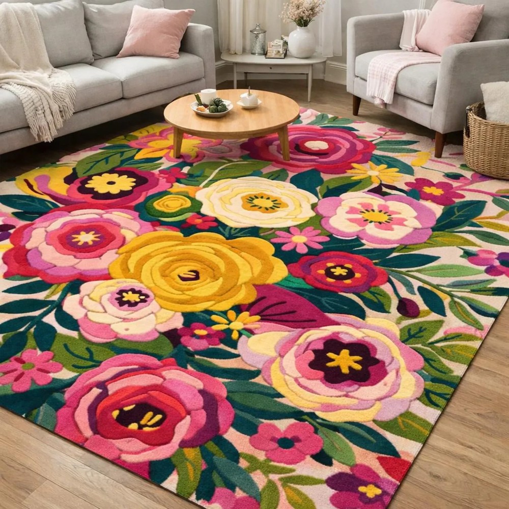 Boho Floral Area Rug for Living Room, Colorful Modern Flower Carpet, Soft Home