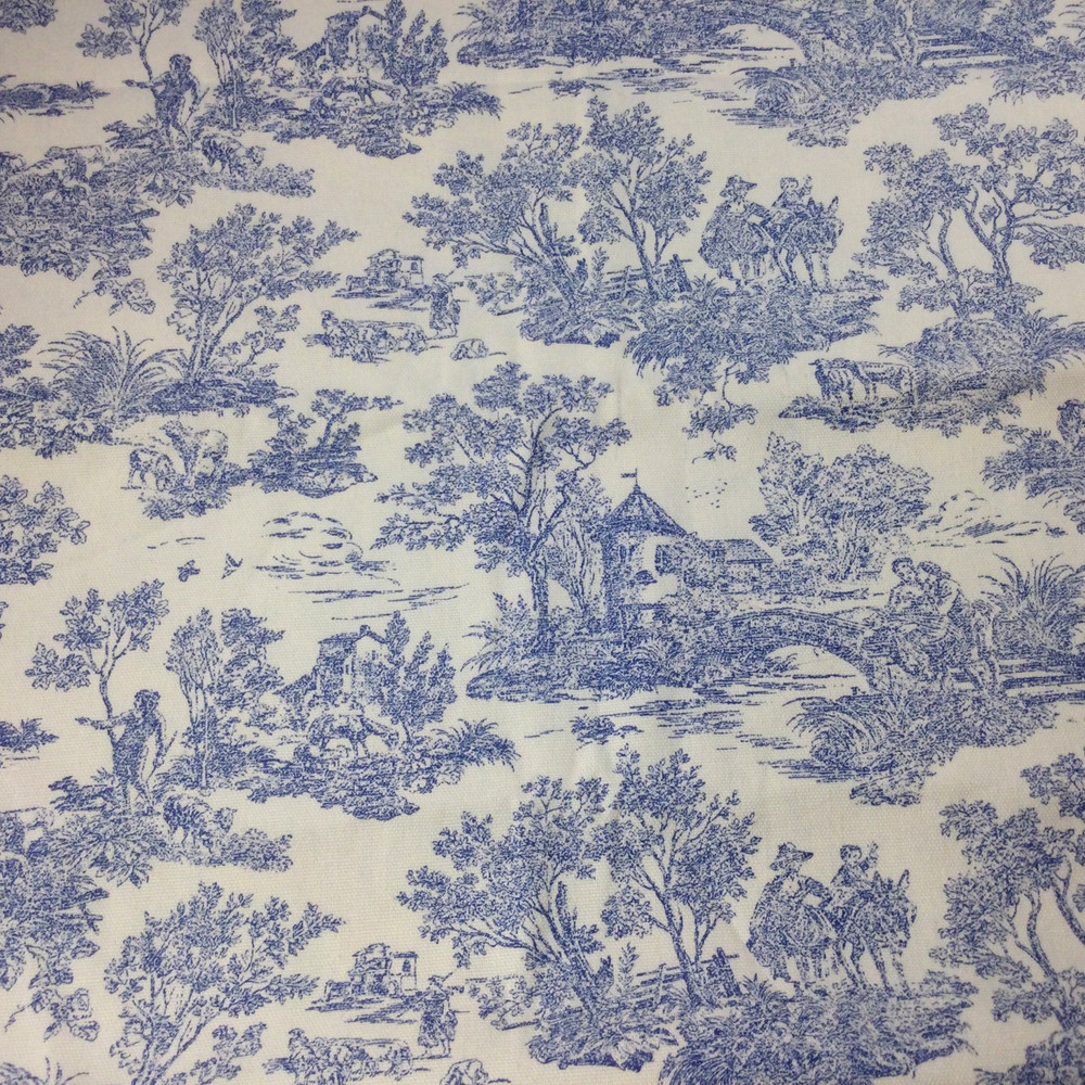 Vintage Mill Creek Fabric Screen Print Toile French Country White Blue 1 Yd