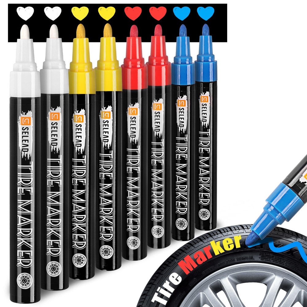 8-Pack Tire Marker Pens - White Red Yellow Blue for Car Tire Lettering