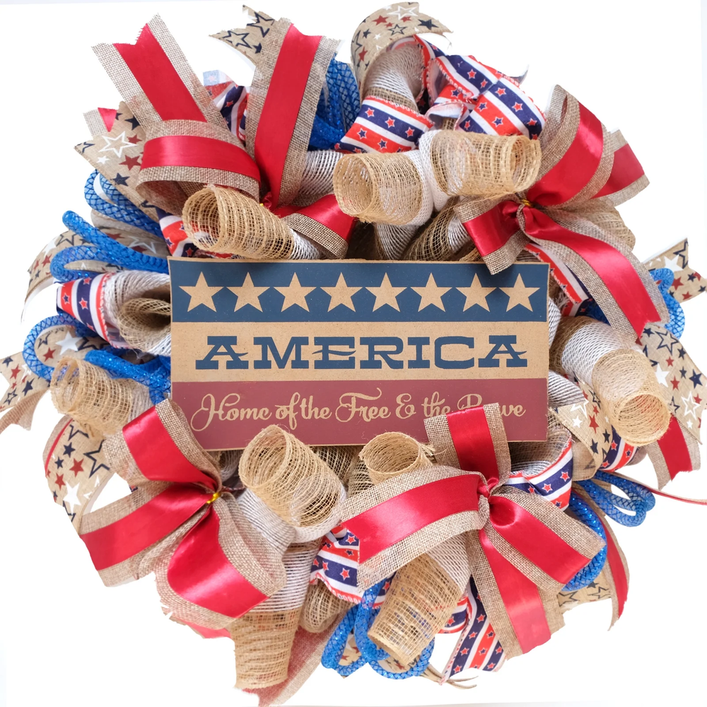 20-Inch Patriotic Red White Blue Burlap Mesh Wreath