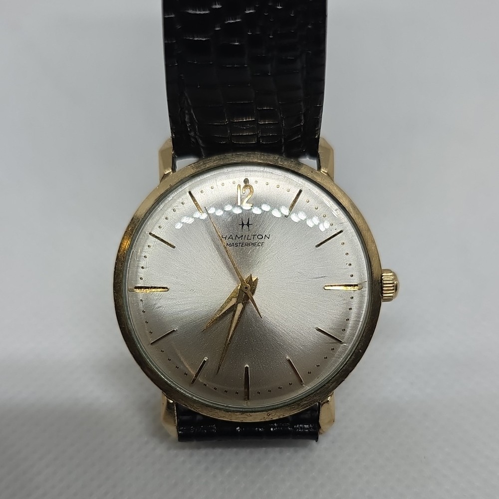 Hamilton Masterpiece Gold Filled Men's Wristwatch Black Leather Sunburst Dial