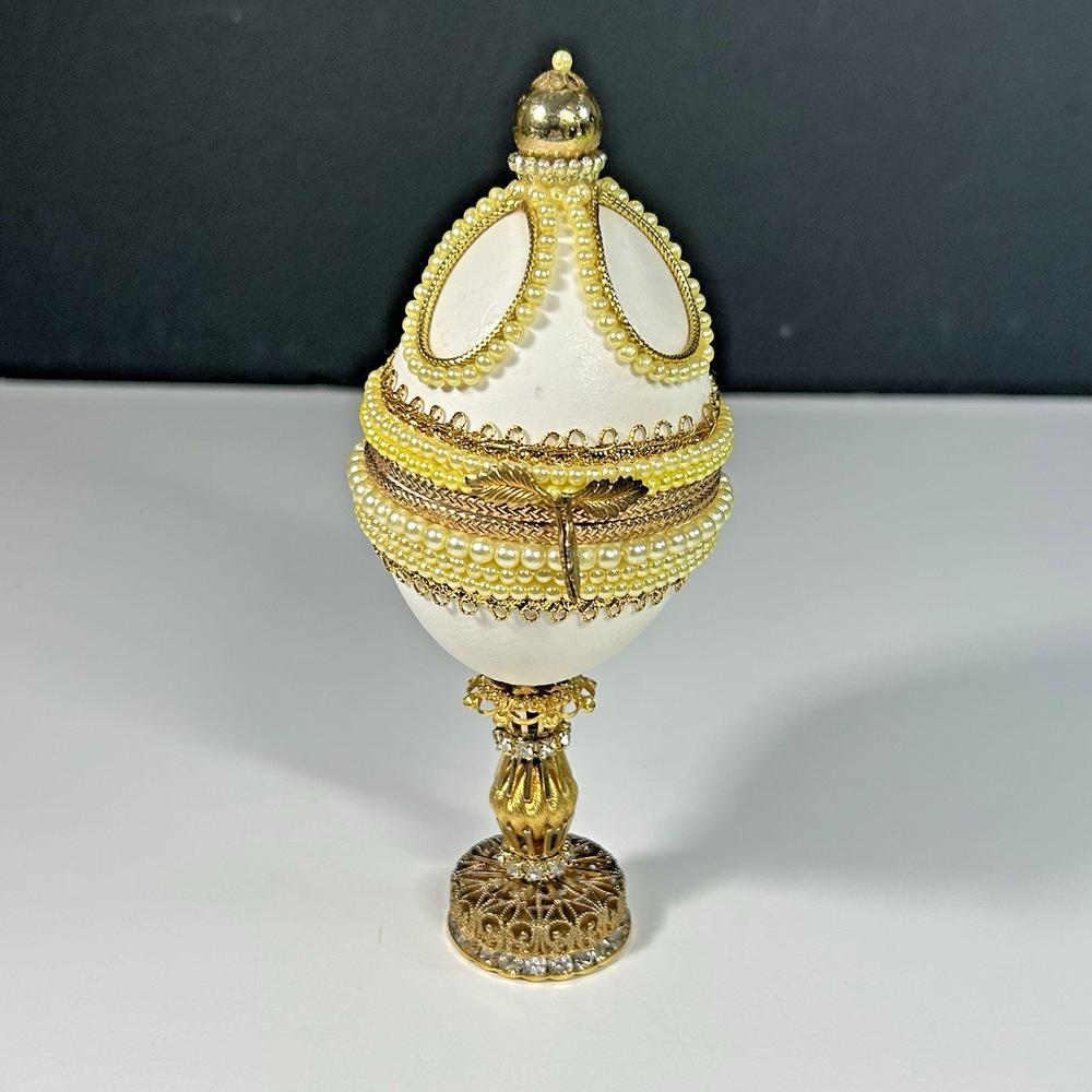 Vintage Decorative Egg Jewelry Box Floral Pearl Ornate Gold Rhinestone Stand
