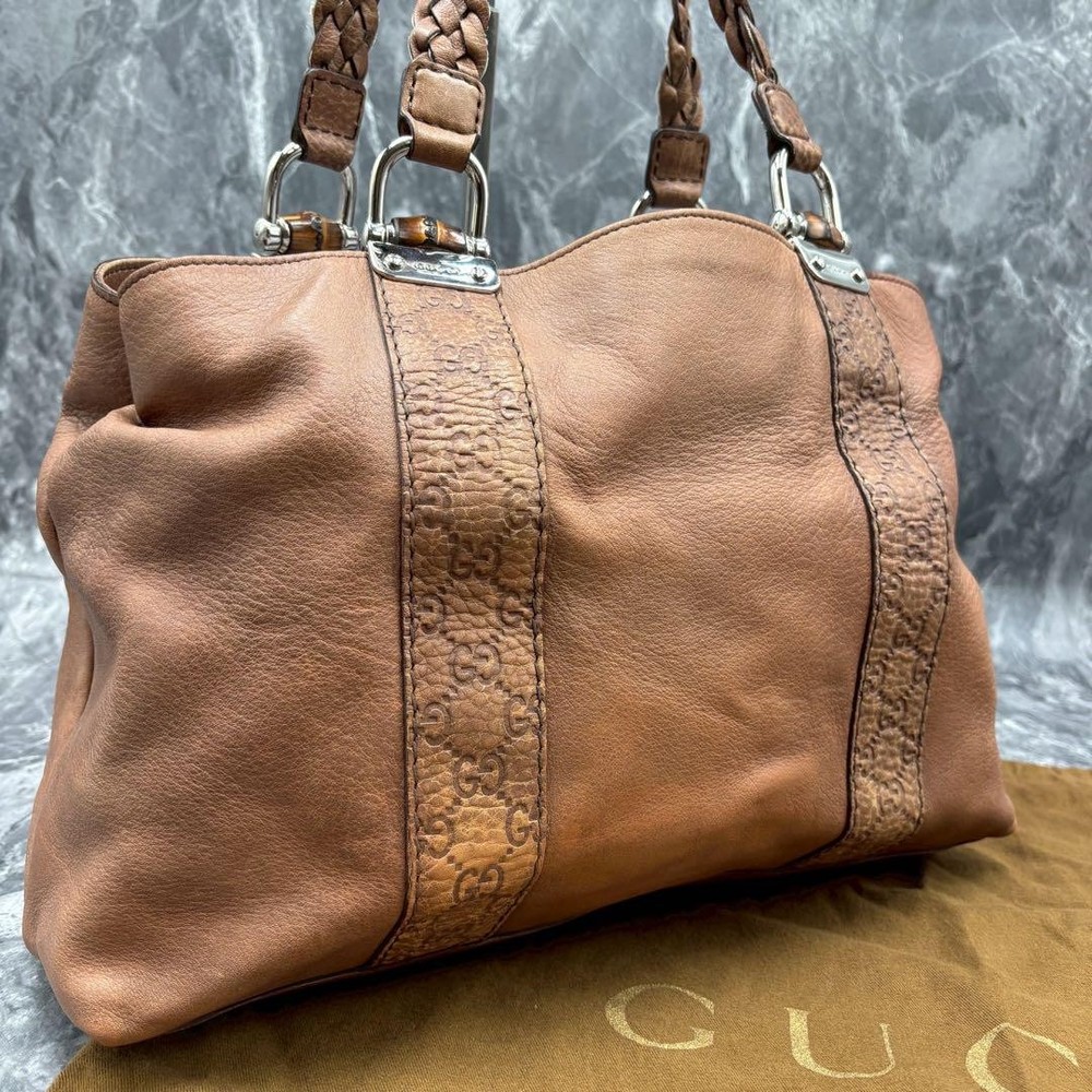 Gucci Shima Braided Bamboo A4 Leather Tote Bag Pre-Owned