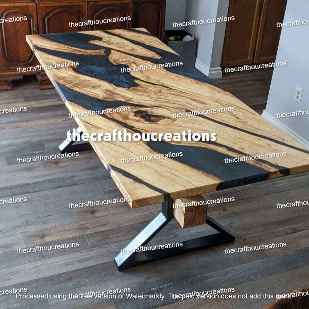 Epoxy Resin Blue Wood Dining Table Top Handmade Modern Countertop Decor  