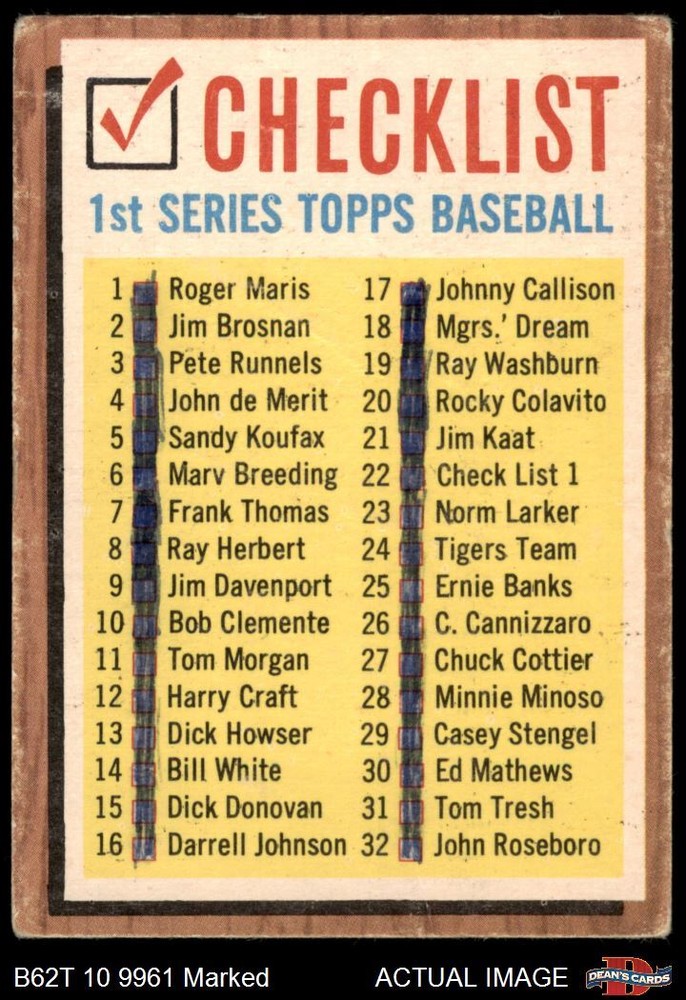 1962 Topps #22 Checklist 1 33 to 88 on Back VARIATION 1 - POOR