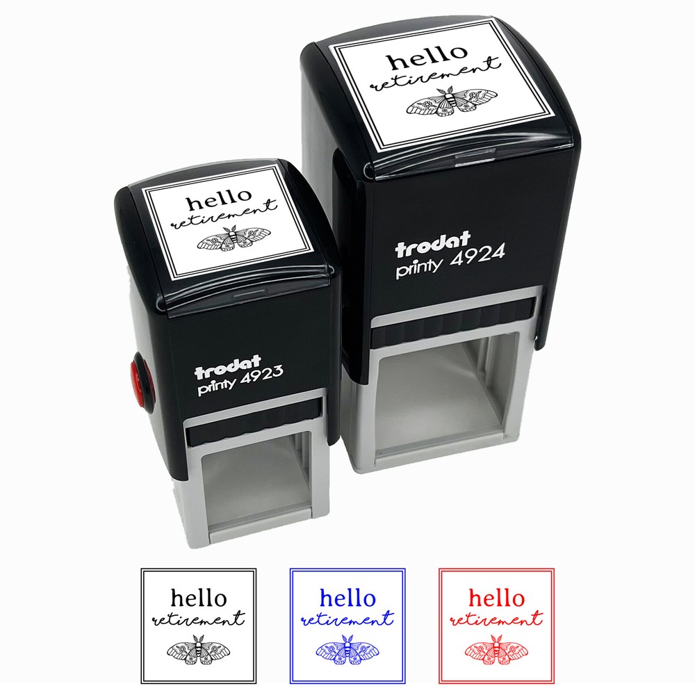 Hello Retirement Artsy Floral Moth Self-Inking Rubber Stamp Ink Stamper