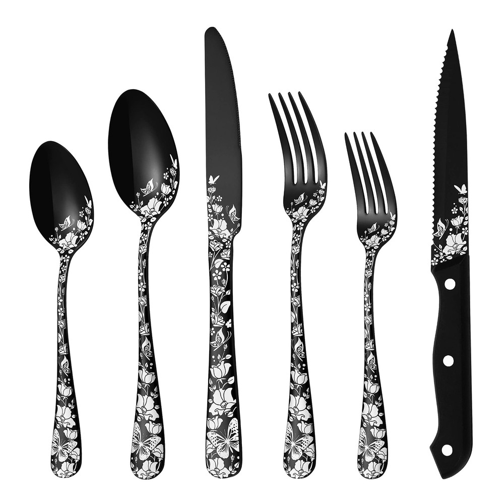 24-Piece Black Stainless Steel Silverware Set with Steak Knives for 4
