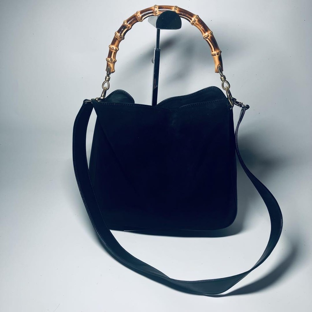 Gucci Bamboo Small Black Suede Tote Handbag Pre-Owned