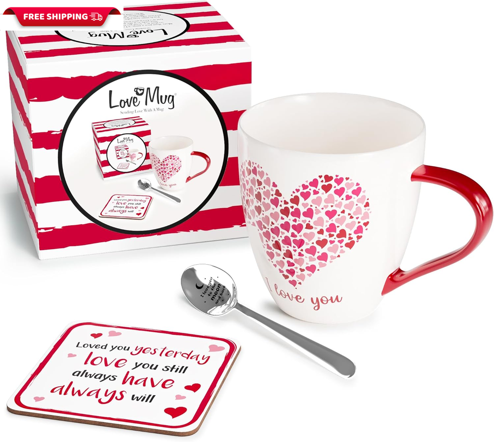 Romantic I Love You Mug Coaster Engraved Teaspoon Gift Set for Wife or Partner