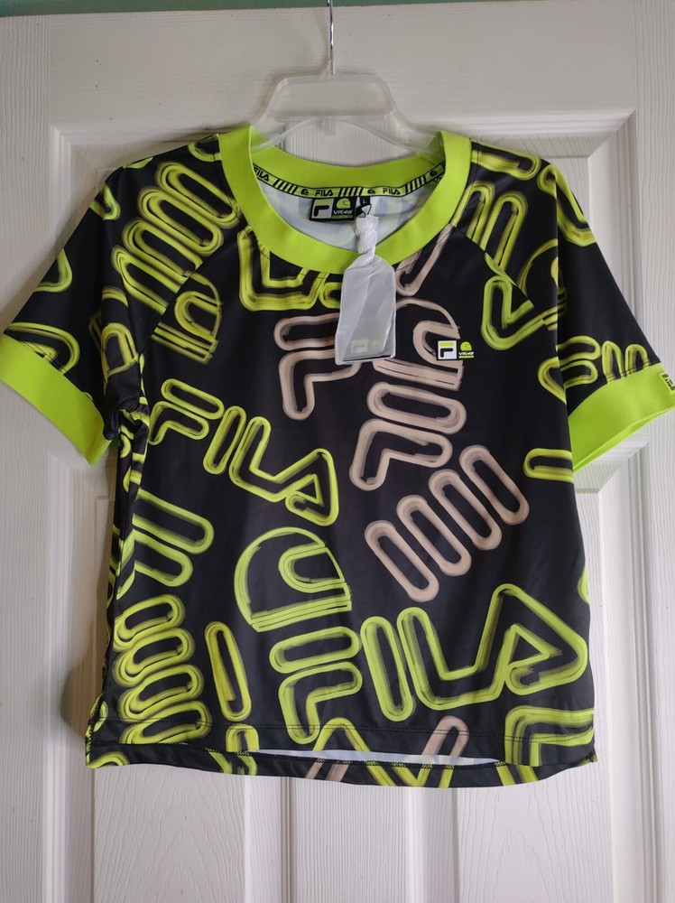 FILA VR46 Riders Academy AOP Cropped T-Shirt Women’s Large Black Neon Green (B3)