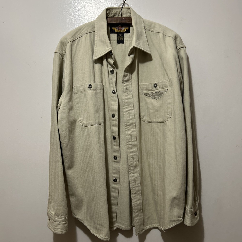 Vintage Harley Davidson Button Down Shirt Size L Thick Cotton 90s 3D Emblem Rare