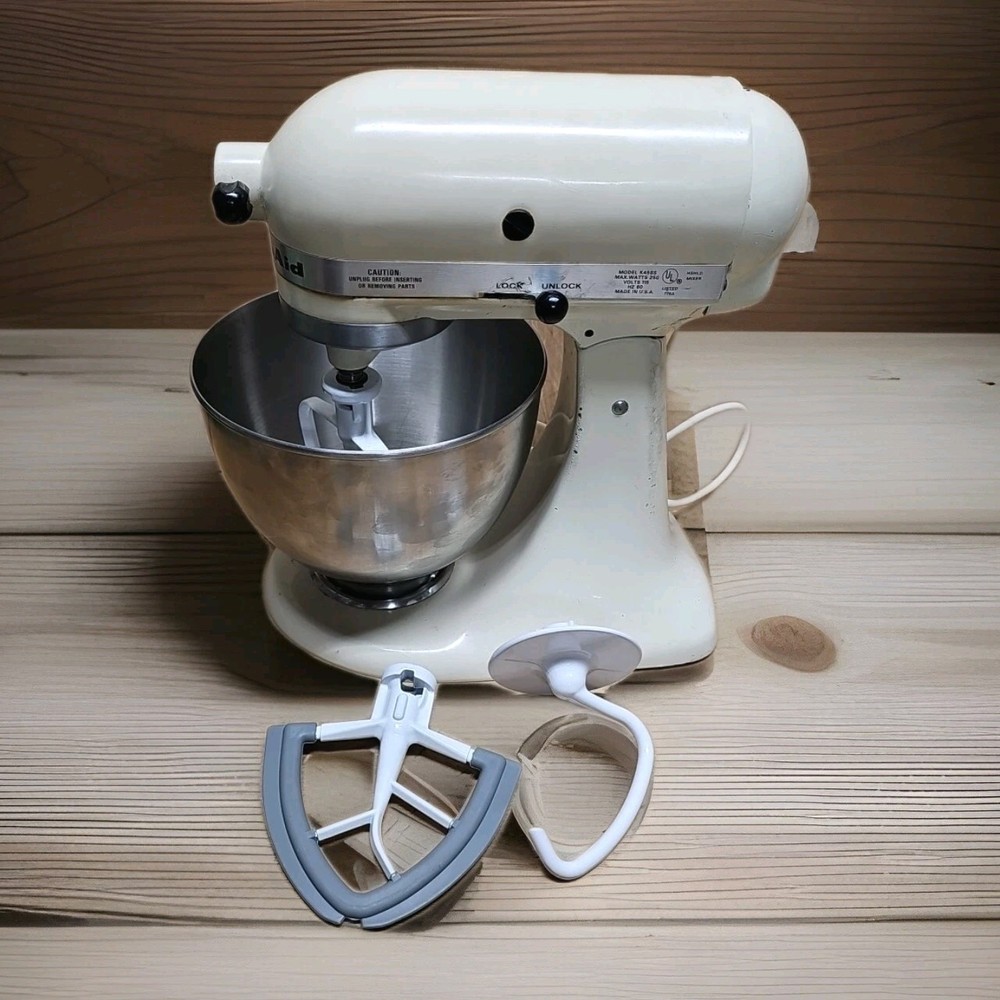 VTG KitchenAid Hobart K45SS Stand Mixer Cream with Bowl & Attachments Tested Works