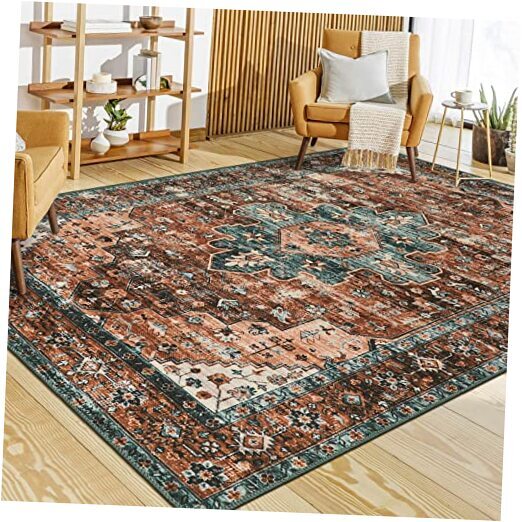 Ultra-Thin Vintage Area Rug - 6x9 Washable Bedroom 6' x 9' Brick Red/Dull Teal