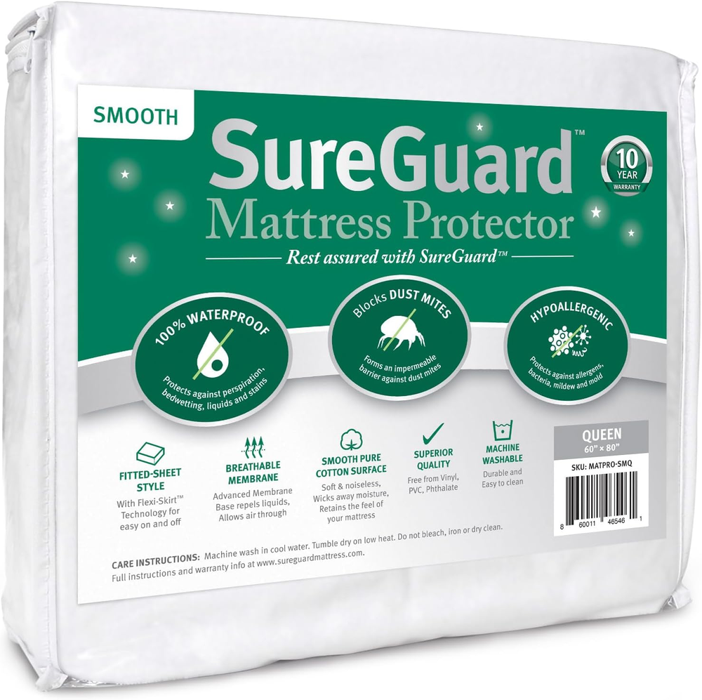 Sureguard Queen Size Mattress Protector - 100% Waterproof, Hypoallergenic - Prem
