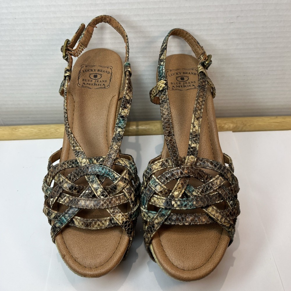 Lucky Brand Sandals Womens 8.5 Stacey Wedge Strappy Slingback Brown Faux Leather