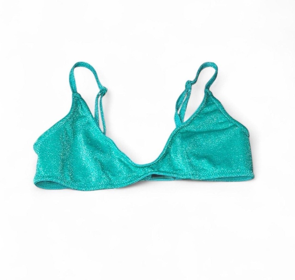 Glittery Green Teal Triangle Bikini Top Medium Adjustable Straps Swimwear