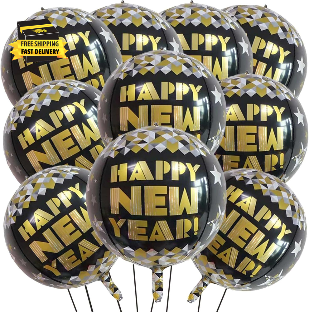 22 Inch Happy New Year Mylar Balloons, 10 Pcs Large 4D Giant round Foil Balloon