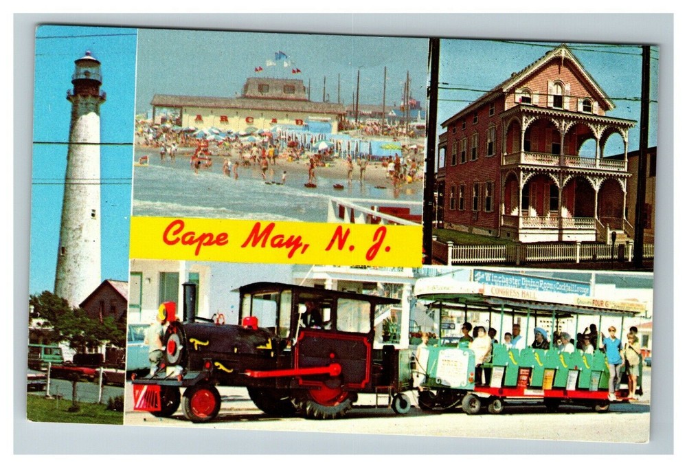 Lighthouse, Pink House, Beach, Tractor Train, Cape May NJ Vintage Postcard