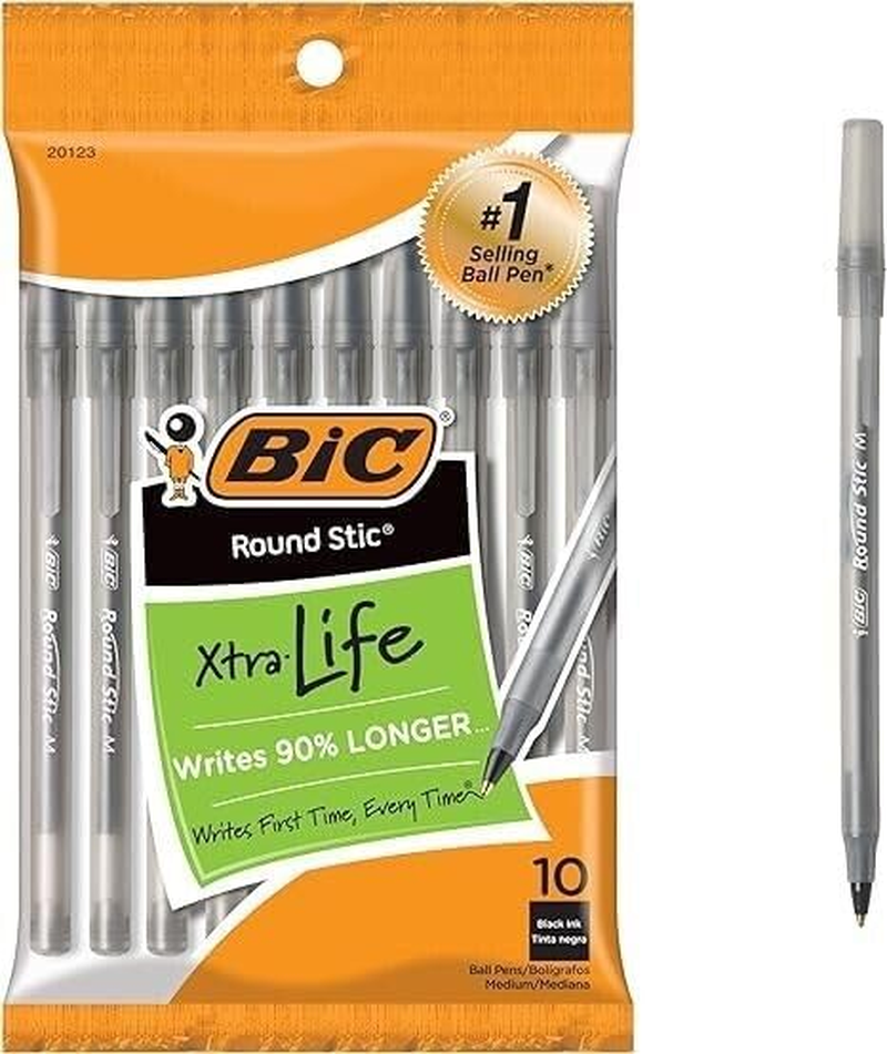 round Stic Xtra Life Black Ballpoint Pens, Medium Point (1.0Mm), 10-Count Pack o
