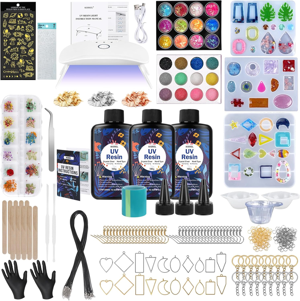 UV Resin Jewelry Making Kit, 300G Crystal Clear Resin with Light and Molds, DIY