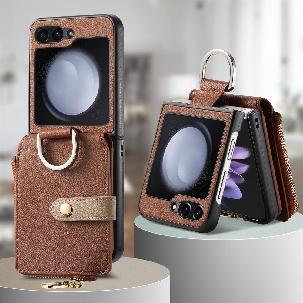 For Samsung Galaxy Z Flip 7 6 5 4 3 Zipper Leather Wallet Phone Case with Ring