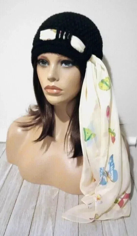 crochet womans handmade beanie scarf hat chemo cream black butterfly USA