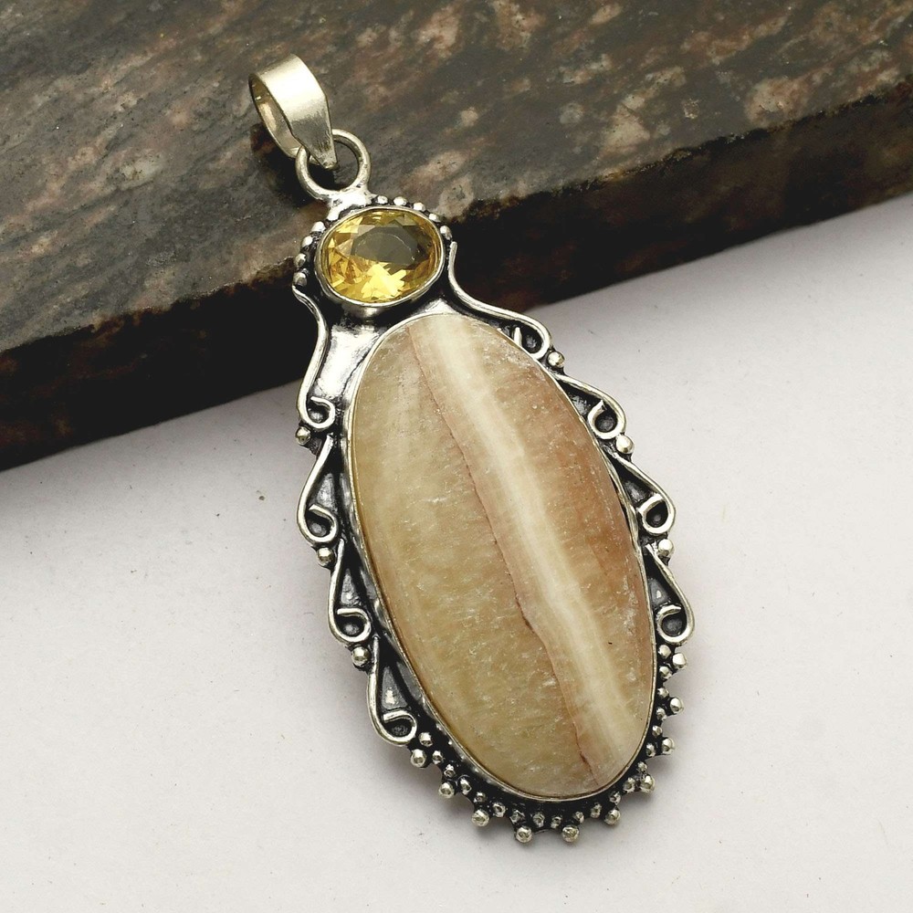 Yellow Lace Agate Citrine Ethnic Handmade Pendant Jewelry 2.8 Inches AP-31066