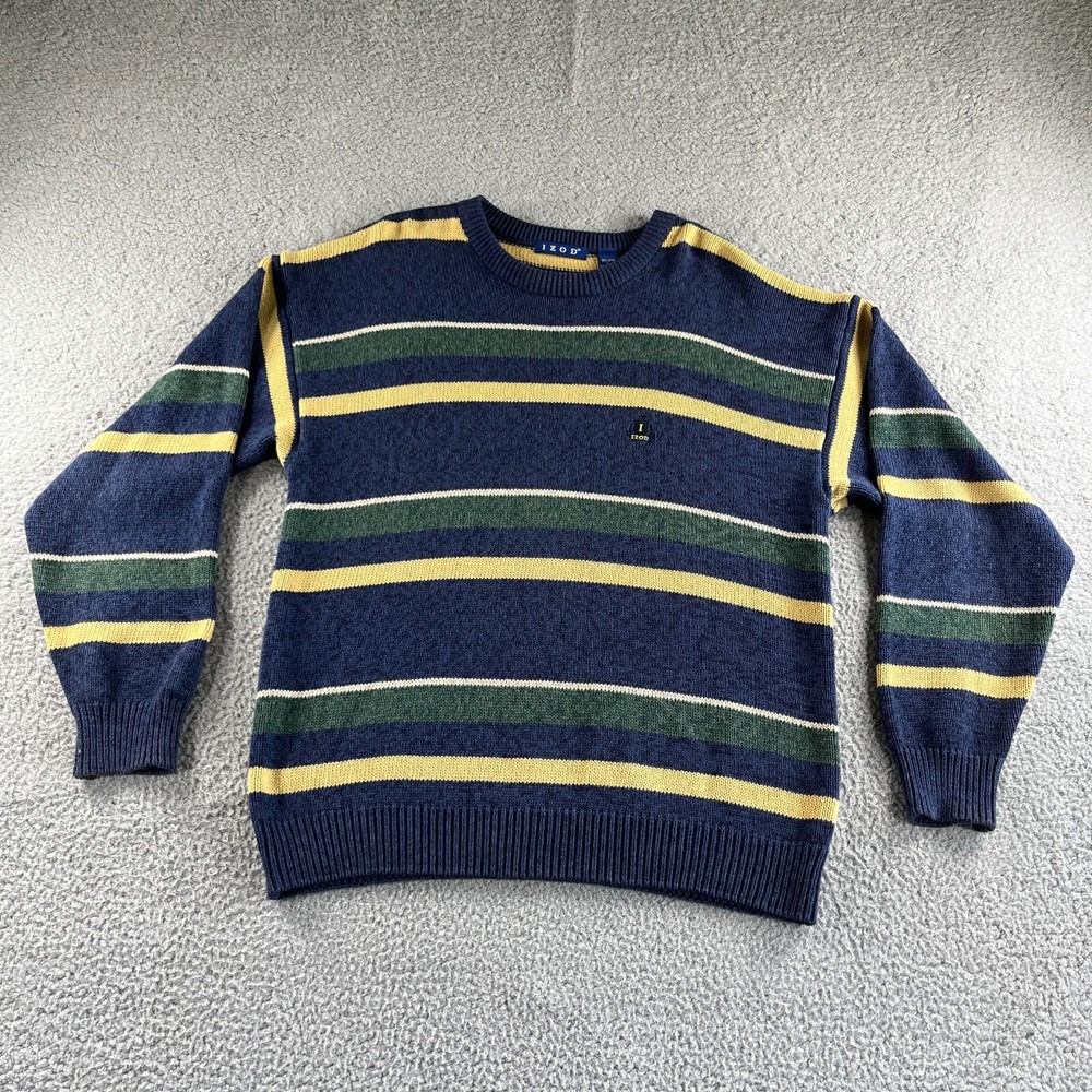 IZOD Sweater Mens Large Blue Green Yellow Striped Golf Chunky Knit Retro Preppy