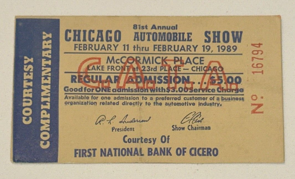 1989 Chicago Automobile Car Show Pass Coupon Event Ticket Stub McCormick Place-image