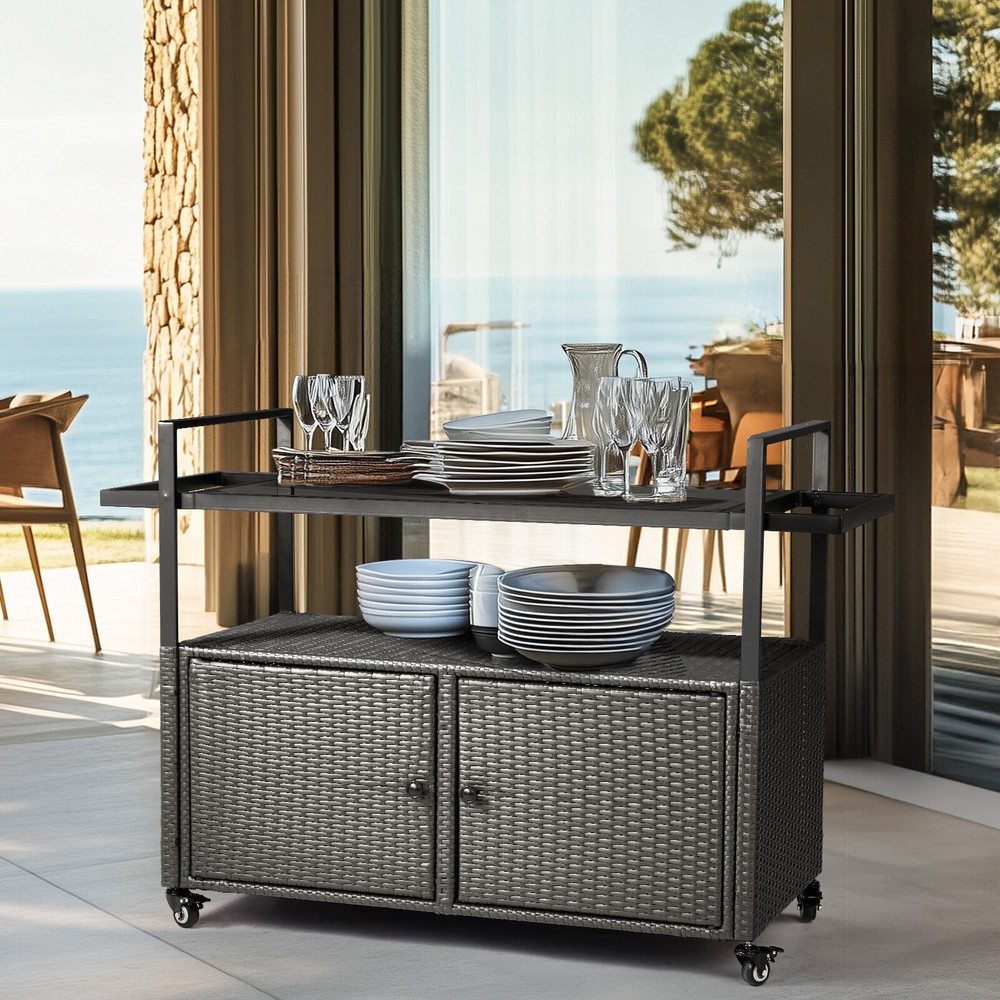 Outdoor Patio Rattan Wicker Bar Counter Table with Storage Cabinet, Garden Home